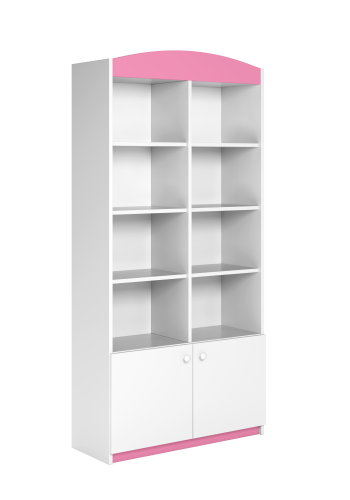 Babydreams barnebokhylle, m. 2 drer og 8 hyller - hvit og rosa laminat