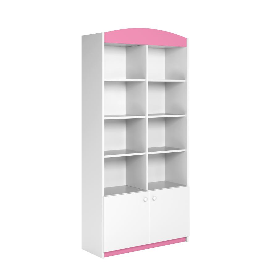 Babydreams barnebokhylle, m. 2 drer og 8 hyller - hvit og rosa laminat