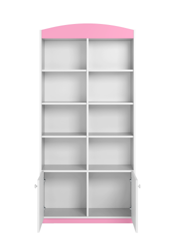 Babydreams barnebokhylle, m. 2 drer og 8 hyller - hvit og rosa laminat