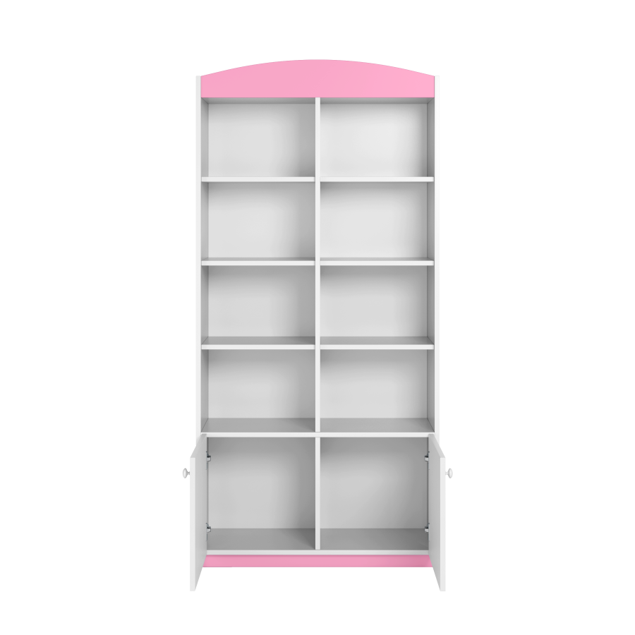 Babydreams barnebokhylle, m. 2 drer og 8 hyller - hvit og rosa laminat