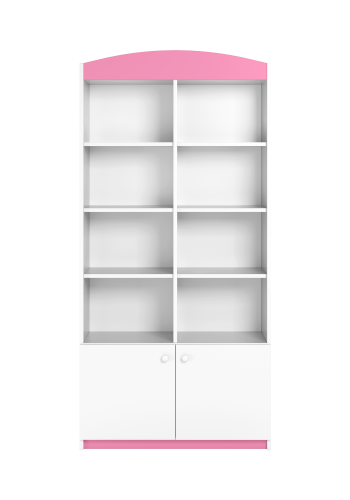 Babydreams barnebokhylle, m. 2 drer og 8 hyller - hvit og rosa laminat