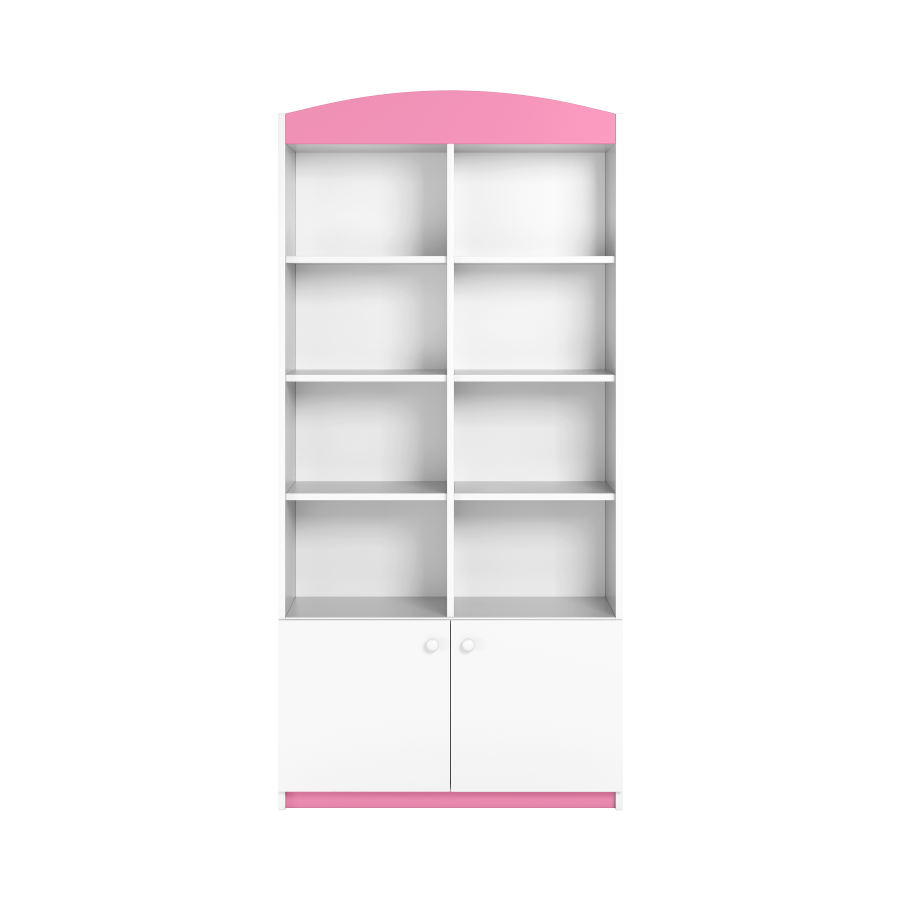 Babydreams barnebokhylle, m. 2 drer og 8 hyller - hvit og rosa laminat