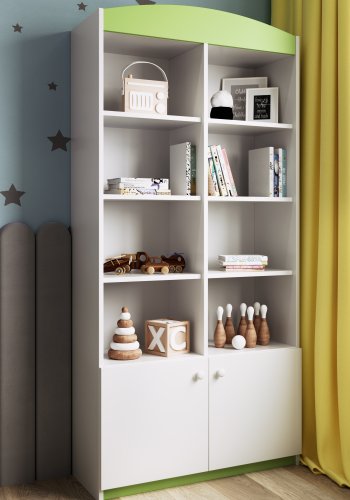 Babydreams barnebokhylle, m. 2 drer og 8 hyller - hvit og grnn laminat