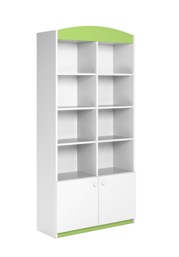 Babydreams barnebokhylle, m. 2 drer og 8 hyller - hvit og grnn laminat
