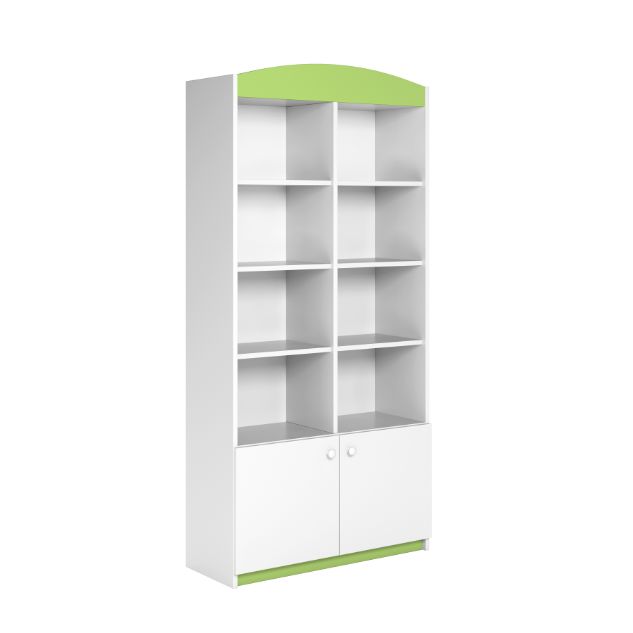 Babydreams barnebokhylle, m. 2 drer og 8 hyller - hvit og grnn laminat