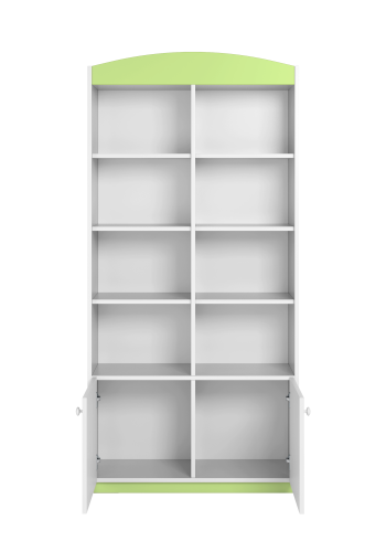 Babydreams barnebokhylle, m. 2 drer og 8 hyller - hvit og grnn laminat