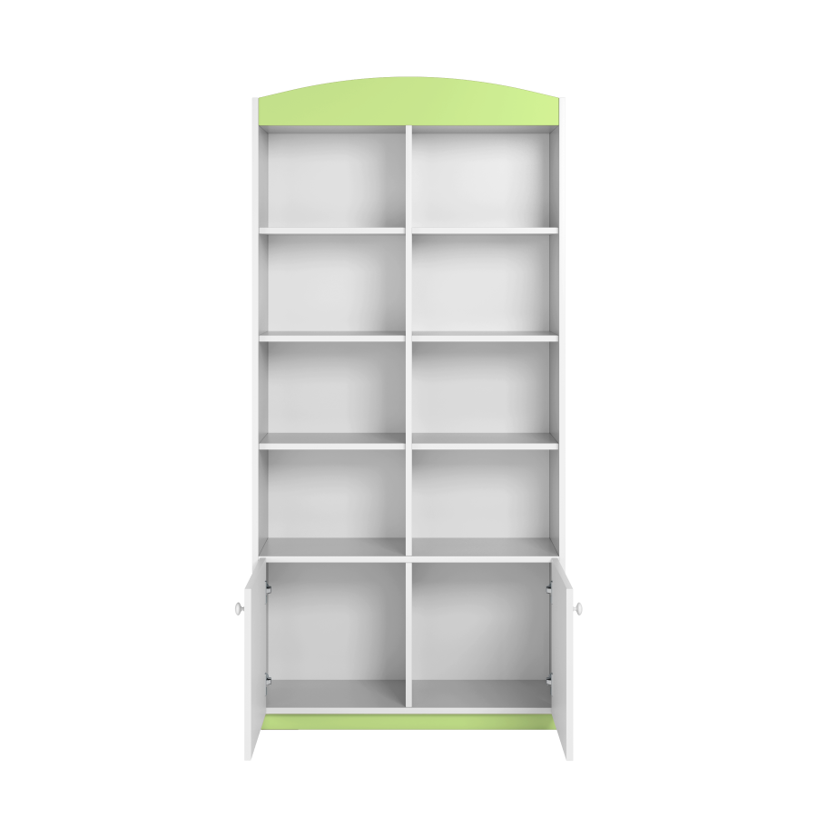 Babydreams barnebokhylle, m. 2 drer og 8 hyller - hvit og grnn laminat