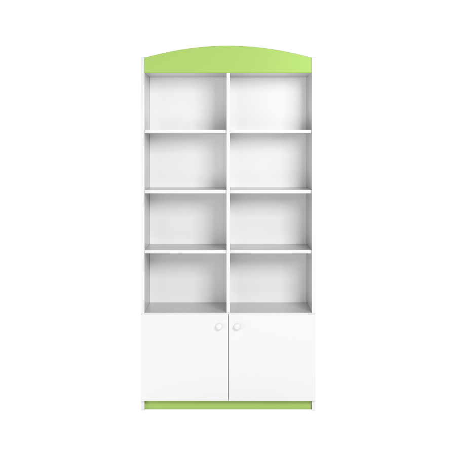 Babydreams barnebokhylle, m. 2 drer og 8 hyller - hvit og grnn laminat