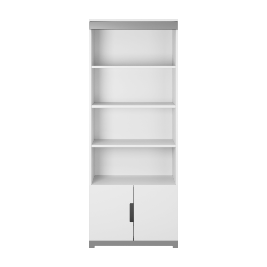 Tomic barnehylle, m. 2 drer og 4 hyller - hvit sponplate og MDF