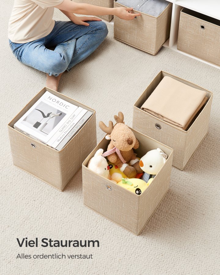 SONGMICS Opbevaringskasser, S�t med 6 non-woven stofkasser med h�ndtag, 30 x 30 x 30 cm, Fit Cube opbevaringsenhed, til hylder, Sammenklappelig, T�jorganisator, Sandbeige RFB006K03