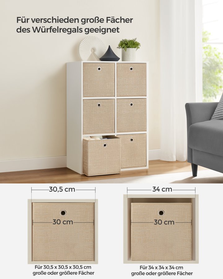 SONGMICS Opbevaringskasser, S�t med 6 non-woven stofkasser med h�ndtag, 30 x 30 x 30 cm, Fit Cube opbevaringsenhed, til hylder, Sammenklappelig, T�jorganisator, Sandbeige RFB006K03