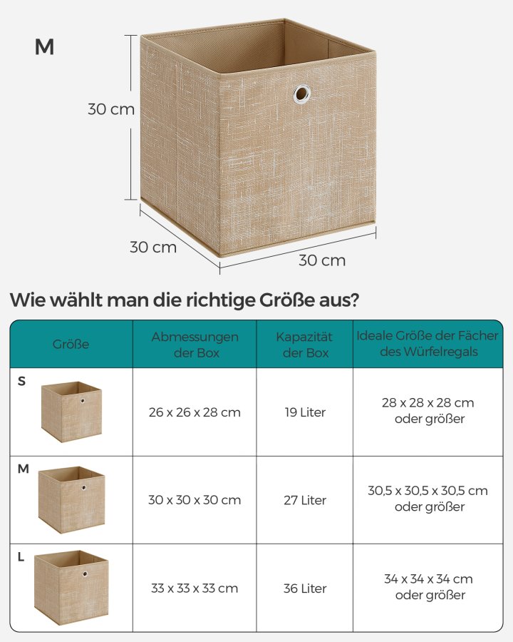SONGMICS Opbevaringskasser, S�t med 6 non-woven stofkasser med h�ndtag, 30 x 30 x 30 cm, Fit Cube opbevaringsenhed, til hylder, Sammenklappelig, T�jorganisator, Sandbeige RFB006K03