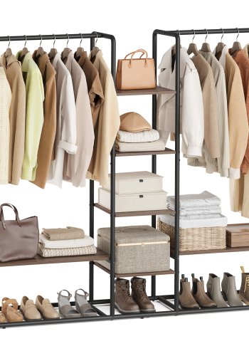 SONGMICS HOME T�jstativ, T�jstativ med skohylde, Kraftigt opbevaringsstativ, 6 opbevaringshylder, 2 oph�ngningsst�nger, T�ndstikformede kroge, Naturlig valn�d og bl�ksort RGR012B01