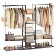 SONGMICS HOME T�jstativ, T�jstativ med skohylde, Kraftigt opbevaringsstativ, 6 opbevaringshylder, 2 oph�ngningsst�nger, T�ndstikformede kroge, Naturlig valn�d og bl�ksort RGR012B01