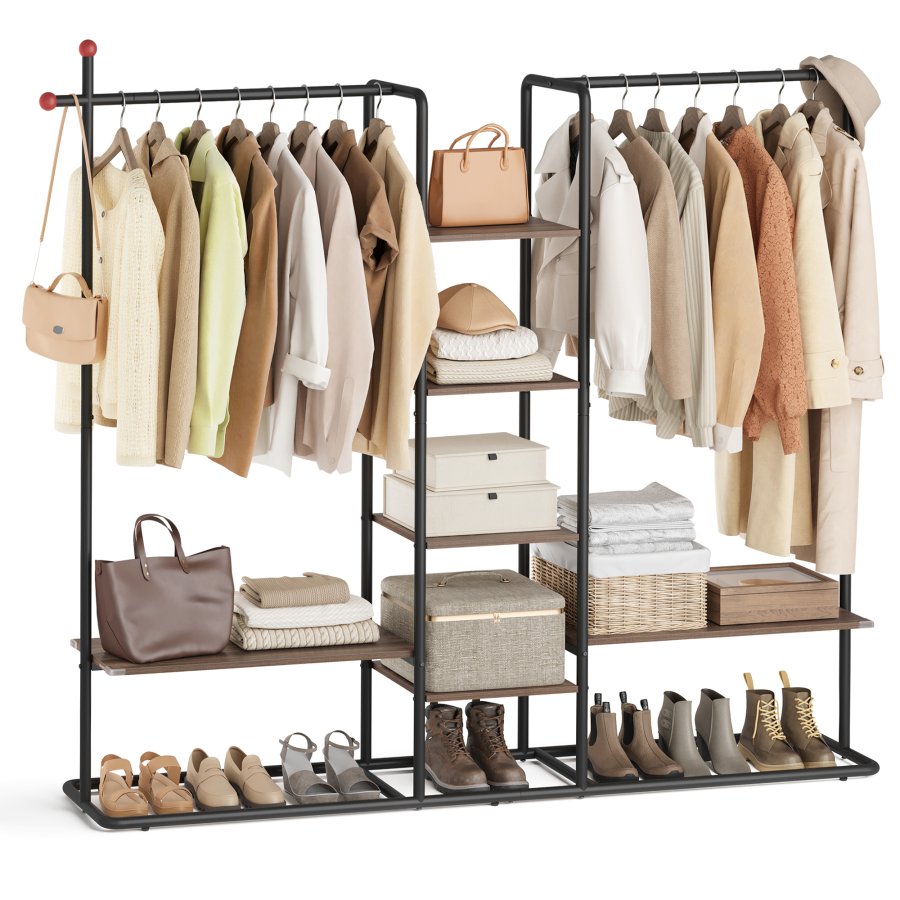 SONGMICS HOME T�jstativ, T�jstativ med skohylde, Kraftigt opbevaringsstativ, 6 opbevaringshylder, 2 oph�ngningsst�nger, T�ndstikformede kroge, Naturlig valn�d og bl�ksort RGR012B01