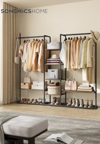 SONGMICS HOME T�jstativ, T�jstativ med skohylde, Kraftigt opbevaringsstativ, 6 opbevaringshylder, 2 oph�ngningsst�nger, T�ndstikformede kroge, Naturlig valn�d og bl�ksort RGR012B01