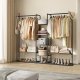 SONGMICS HOME T�jstativ, T�jstativ med skohylde, Kraftigt opbevaringsstativ, 6 opbevaringshylder, 2 oph�ngningsst�nger, T�ndstikformede kroge, Naturlig valn�d og bl�ksort RGR012B01
