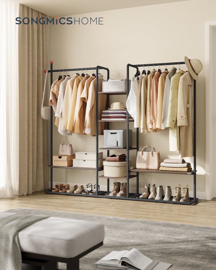 SONGMICS HOME T�jstativ, T�jstativ med skohylde, Kraftigt opbevaringsstativ, 6 opbevaringshylder, 2 oph�ngningsst�nger, T�ndstikformede kroge, Naturlig valn�d og bl�ksort RGR012B01