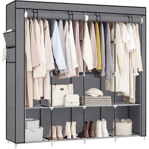 SONGMICS B�rbart Garderobeskab, Garderobeskabsorganisator med L�g, 4 B�jlest�nger og Hylder, 4 Sidelommer, 43 x 162 x 173 cm, Stor Kapacitet til Sovev�relse, Stue, Gr� URYG094G02