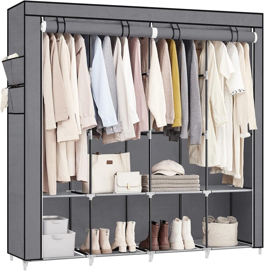 SONGMICS B�rbart Garderobeskab, Garderobeskabsorganisator med L�g, 4 B�jlest�nger og Hylder, 4 Sidelommer, 43 x 162 x 173 cm, Stor Kapacitet til Sovev�relse, Stue, Gr� URYG094G02