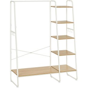 T�jstativ, m. b�jlestang, 6 aftagelige kroge, 6 hylder - natur sp�nplade og hvid st�l