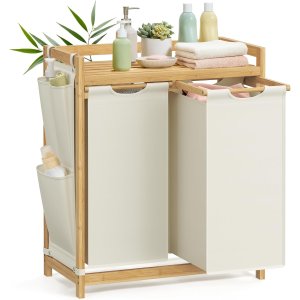 SONGMICS tv&auml;ttkorg med 2 fack, tv&auml;ttkorg i bambu, 100 liters kapacitet med hyllplan, sidofickor, 2 x 50 l, 63 x 33 x 78 cm, kr&auml;mvit RLH100W01