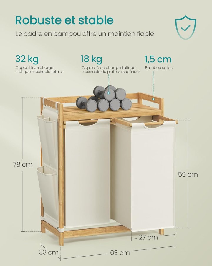 SONGMICS tv&auml;ttkorg med 2 fack, tv&auml;ttkorg i bambu, 100 liters kapacitet med hyllplan, sidofickor, 2 x 50 l, 63 x 33 x 78 cm, kr&auml;mvit RLH100W01