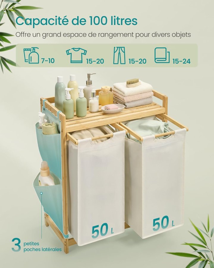 SONGMICS tv&auml;ttkorg med 2 fack, tv&auml;ttkorg i bambu, 100 liters kapacitet med hyllplan, sidofickor, 2 x 50 l, 63 x 33 x 78 cm, kr&auml;mvit RLH100W01