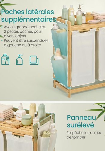 SONGMICS tv&auml;ttkorg med 2 fack, tv&auml;ttkorg i bambu, 100 liters kapacitet med hyllplan, sidofickor, 2 x 50 l, 63 x 33 x 78 cm, kr&auml;mvit RLH100W01