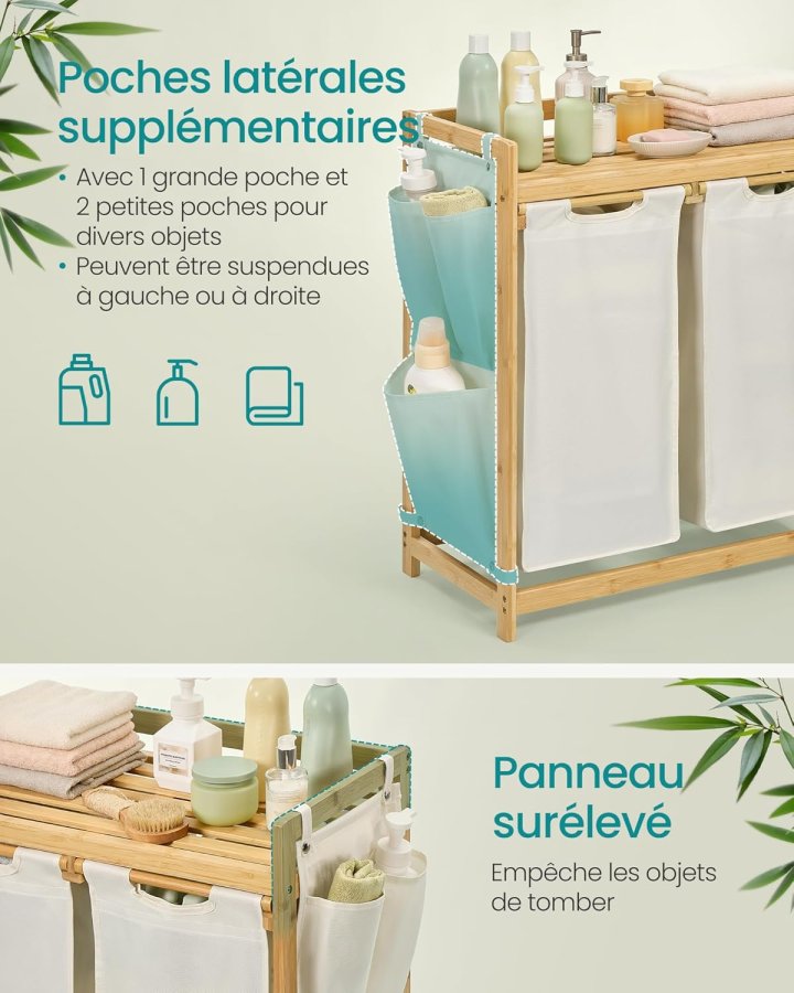 SONGMICS tv&auml;ttkorg med 2 fack, tv&auml;ttkorg i bambu, 100 liters kapacitet med hyllplan, sidofickor, 2 x 50 l, 63 x 33 x 78 cm, kr&auml;mvit RLH100W01