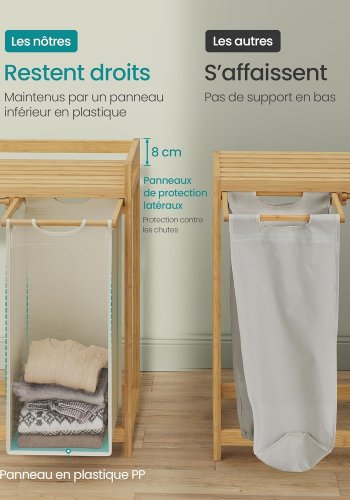 SONGMICS tv&auml;ttkorg med 2 fack, tv&auml;ttkorg i bambu, 100 liters kapacitet med hyllplan, sidofickor, 2 x 50 l, 63 x 33 x 78 cm, kr&auml;mvit RLH100W01