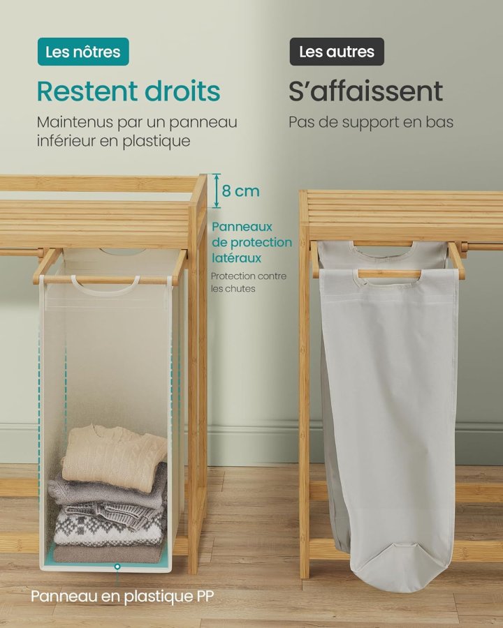 SONGMICS tv&auml;ttkorg med 2 fack, tv&auml;ttkorg i bambu, 100 liters kapacitet med hyllplan, sidofickor, 2 x 50 l, 63 x 33 x 78 cm, kr&auml;mvit RLH100W01