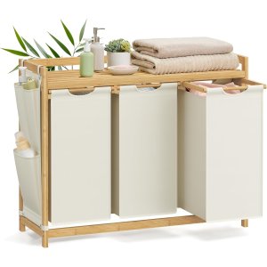 SONGMICS Tv&auml;ttkorg med 3 fack, Tv&auml;ttkorg, Rymmer upp till 150 l, Tv&auml;ttsorterare, Med Hylla, Tv&auml;ttp�se, Sidofickor, 3 x 50 l, 94 x 33 x 78 cm, Kr&auml;mvit RLH115W01