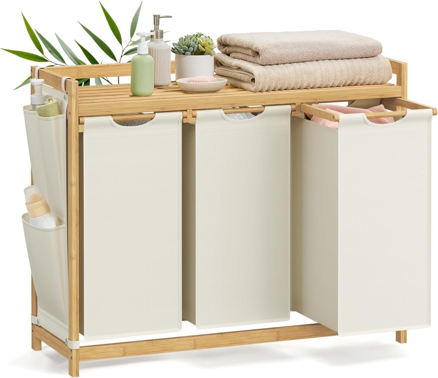 SONGMICS Tv&auml;ttkorg med 3 fack, Tv&auml;ttkorg, Rymmer upp till 150 l, Tv&auml;ttsorterare, Med Hylla, Tv&auml;ttp�se, Sidofickor, 3 x 50 l, 94 x 33 x 78 cm, Kr&auml;mvit RLH115W01