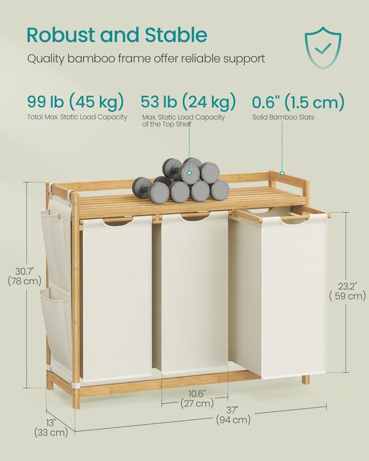 SONGMICS Tv&auml;ttkorg med 3 fack, Tv&auml;ttkorg, Rymmer upp till 150 l, Tv&auml;ttsorterare, Med Hylla, Tv&auml;ttp�se, Sidofickor, 3 x 50 l, 94 x 33 x 78 cm, Kr&auml;mvit RLH115W01