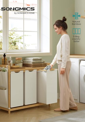 SONGMICS Tv&auml;ttkorg med 3 fack, Tv&auml;ttkorg, Rymmer upp till 150 l, Tv&auml;ttsorterare, Med Hylla, Tv&auml;ttp�se, Sidofickor, 3 x 50 l, 94 x 33 x 78 cm, Kr&auml;mvit RLH115W01