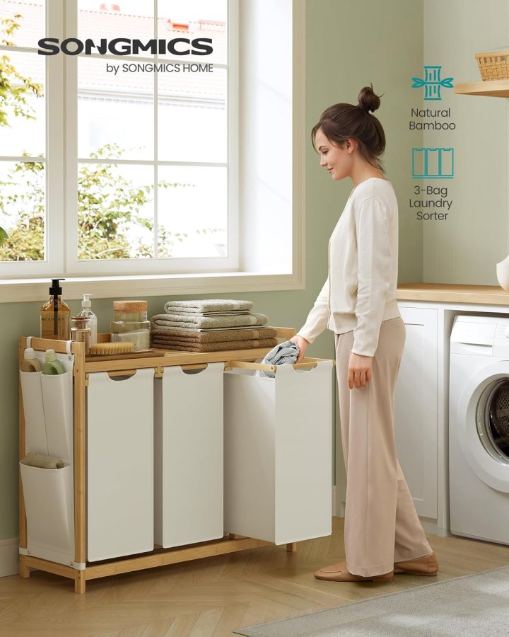 SONGMICS Tv&auml;ttkorg med 3 fack, Tv&auml;ttkorg, Rymmer upp till 150 l, Tv&auml;ttsorterare, Med Hylla, Tv&auml;ttp�se, Sidofickor, 3 x 50 l, 94 x 33 x 78 cm, Kr&auml;mvit RLH115W01