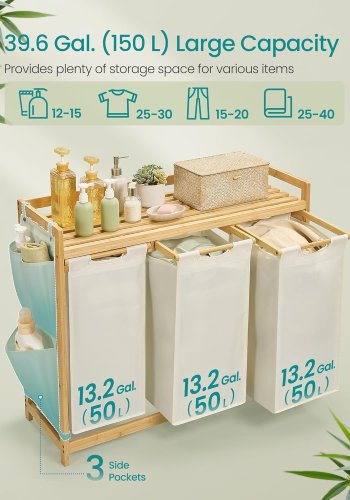 SONGMICS Tv&auml;ttkorg med 3 fack, Tv&auml;ttkorg, Rymmer upp till 150 l, Tv&auml;ttsorterare, Med Hylla, Tv&auml;ttp�se, Sidofickor, 3 x 50 l, 94 x 33 x 78 cm, Kr&auml;mvit RLH115W01