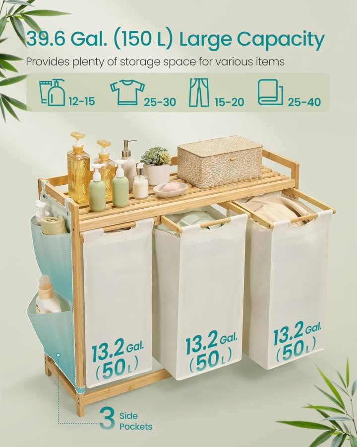 SONGMICS Tv&auml;ttkorg med 3 fack, Tv&auml;ttkorg, Rymmer upp till 150 l, Tv&auml;ttsorterare, Med Hylla, Tv&auml;ttp�se, Sidofickor, 3 x 50 l, 94 x 33 x 78 cm, Kr&auml;mvit RLH115W01