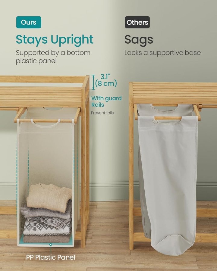 SONGMICS Tv&auml;ttkorg med 3 fack, Tv&auml;ttkorg, Rymmer upp till 150 l, Tv&auml;ttsorterare, Med Hylla, Tv&auml;ttp�se, Sidofickor, 3 x 50 l, 94 x 33 x 78 cm, Kr&auml;mvit RLH115W01