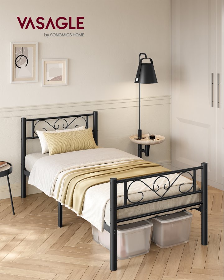 VASAGLE Enkeltsengestel, Metalsengestel, Passer til 90 x 190 cm madras, Nem montering, Til Sm� Rum, G�stev�relse, Sort RMB061B01