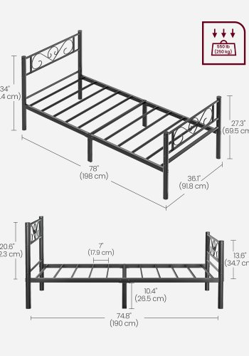 VASAGLE Enkeltsengestel, Metalsengestel, Passer til 90 x 190 cm madras, Nem montering, Til Sm� Rum, G�stev�relse, Sort RMB061B01