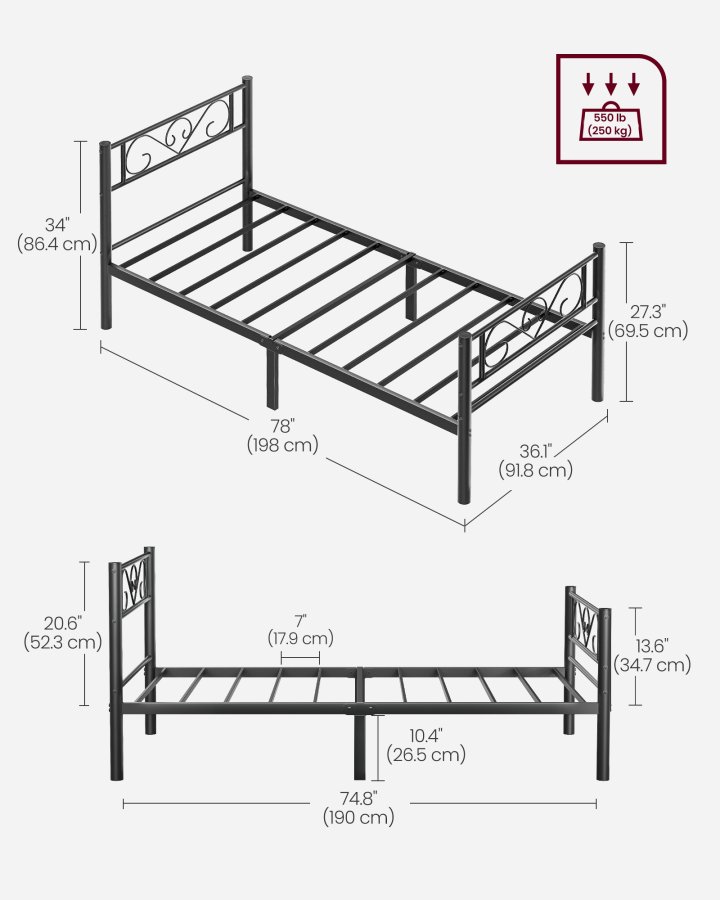 VASAGLE Enkeltsengestel, Metalsengestel, Passer til 90 x 190 cm madras, Nem montering, Til Sm� Rum, G�stev�relse, Sort RMB061B01