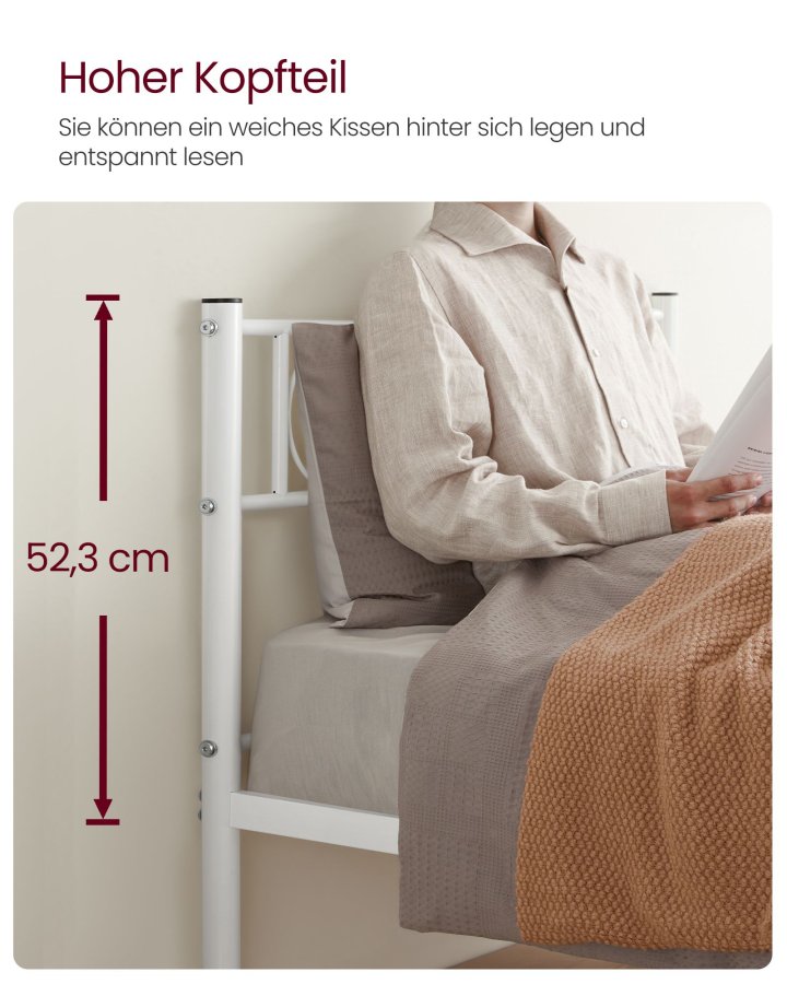 VASAGLE RMB061W01 s&auml;ngram, med huvudgavel - vit st�l (90x190)