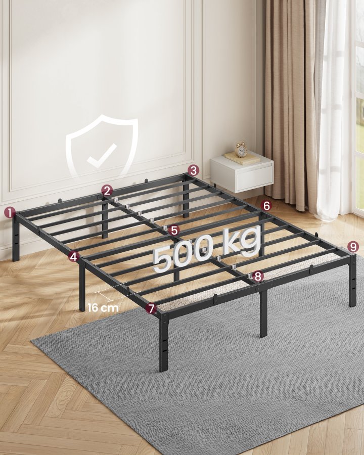 VASAGLE Bettgestell 140 x 190 mit Metallfu&szlig;, Metallrahmen, Stauraum darunter, modern, G&auml;stebett, einfache Montage, Tintenschwarz RMB133B01