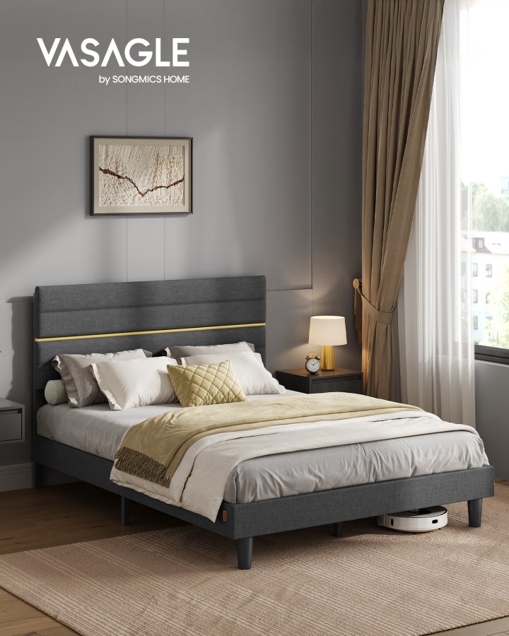VASAGLE dobbeltseng, sengestel, egnet til en 140 x 200 cm madras, justerbar polstret hovedg�rde, lavet af metal og massivt tr�, moderne, skifergr� RMB504G01