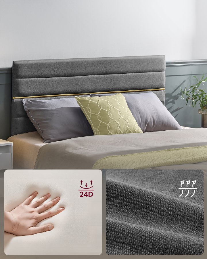 VASAGLE dobbeltseng, sengestel, egnet til en 140 x 200 cm madras, justerbar polstret hovedg�rde, lavet af metal og massivt tr�, moderne, skifergr� RMB504G01