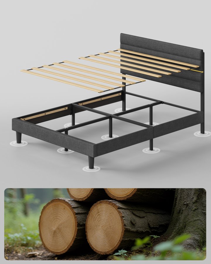 VASAGLE dobbeltseng, sengestel, egnet til en 140 x 200 cm madras, justerbar polstret hovedg�rde, lavet af metal og massivt tr�, moderne, skifergr� RMB504G01