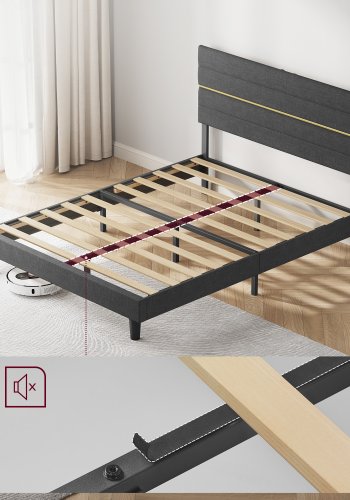VASAGLE dobbeltseng, sengestel, egnet til en 140 x 200 cm madras, justerbar polstret hovedg�rde, lavet af metal og massivt tr�, moderne, skifergr� RMB504G01