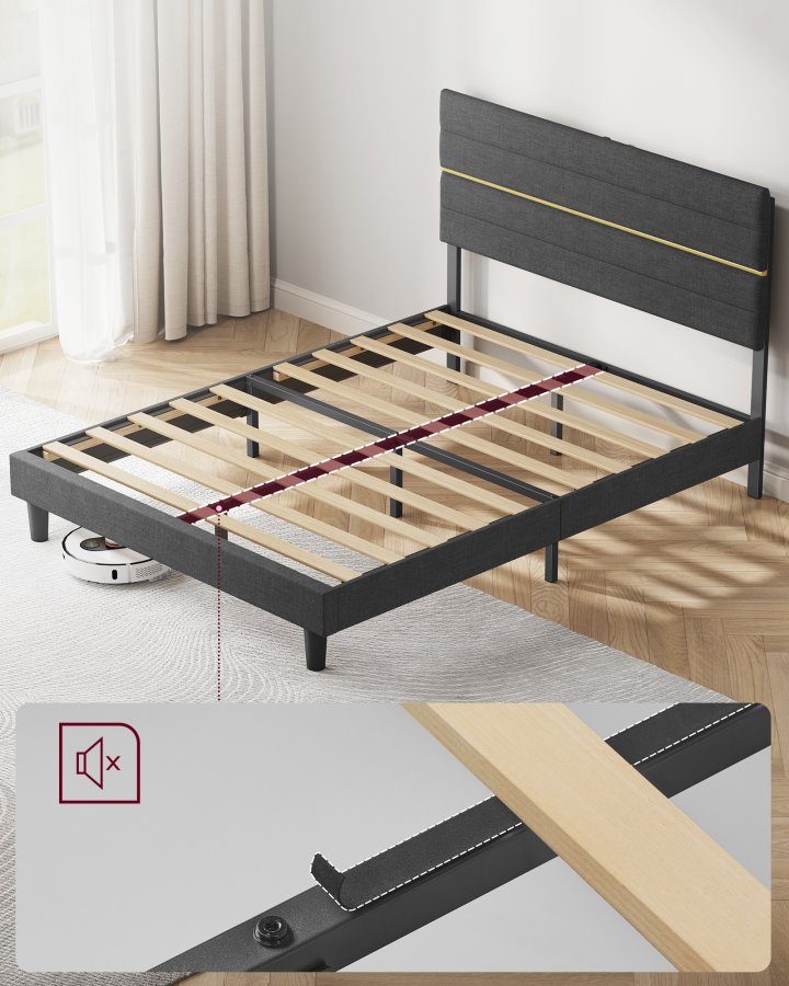 VASAGLE dobbeltseng, sengestel, egnet til en 140 x 200 cm madras, justerbar polstret hovedg�rde, lavet af metal og massivt tr�, moderne, skifergr� RMB504G01